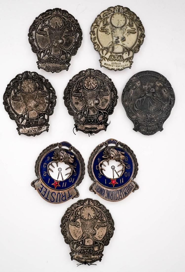 Vintage (8) Elks Lodge Officer Belt Buckles: Eight (8) BPOE Elks Lodge belt buckles. Includes Trustee x 2, Esteemed Lecturing Knight; Esteemed Loyal Knight; Esteemed Leading Knight; Secretary x 2; Tiler. Measure approximately 4 in. long x 3 in. 