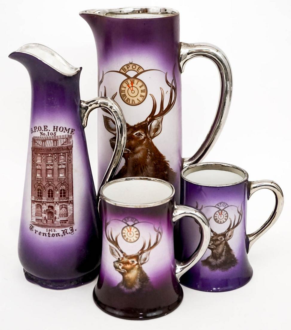 Vintage BPOE Tankards and Mugs [Maddock's]: Vintage BPOE (2) tankards and (2) mugs. Some scuffing to paint. Pitchers measure 11.25 in. - 12.5 in. tall and the mugs measure 5.25 in. tall. Weigh 10 lbs. 'BPOE' The Benevolent and Protective Order 