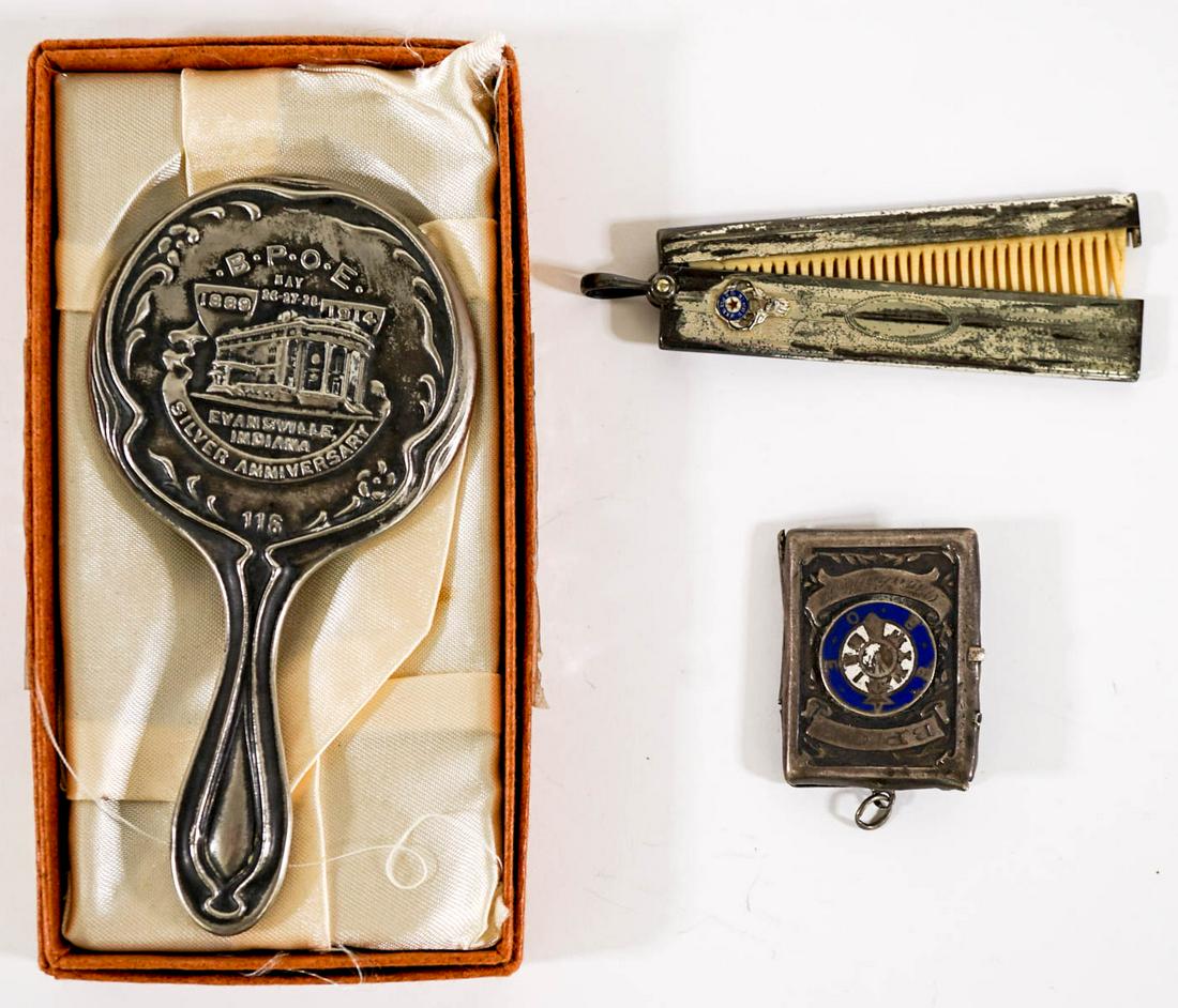 Antique BPOE Comb, Mirror and Stamp Case: Antique BPOE comb, mirror and stamp case. The souvenir mirror is marked Evansville Indiana #116 and measures 2 in. x 4 in. The stamp case and comb case are marked 'sterling' and weigh 31 grams. 'B.P.O