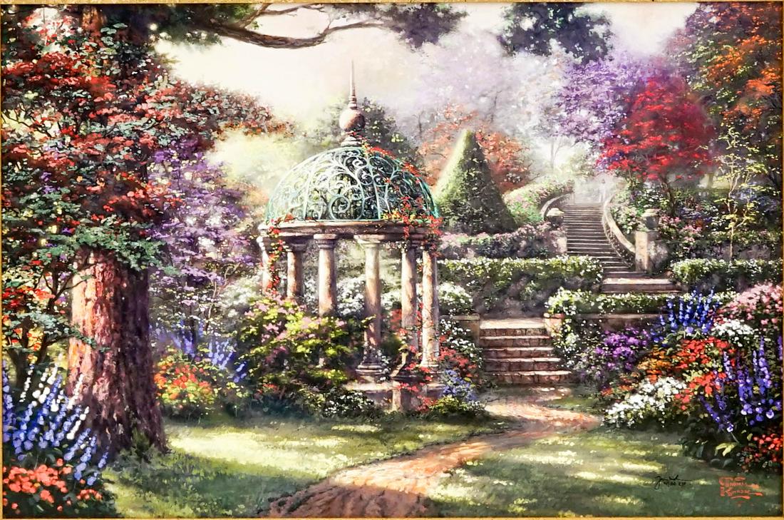 Thomas Kinkade Examination Proof #14/150: Thomas Kinkade Examination Proof E/P #14/150 Canvas [The garden of Prayer IV]. Signed and numbered. Gallery framed. Measures 18-in. x 27-in. image size and 28.5-in. x 37.5-in. framed. Includes COA. In