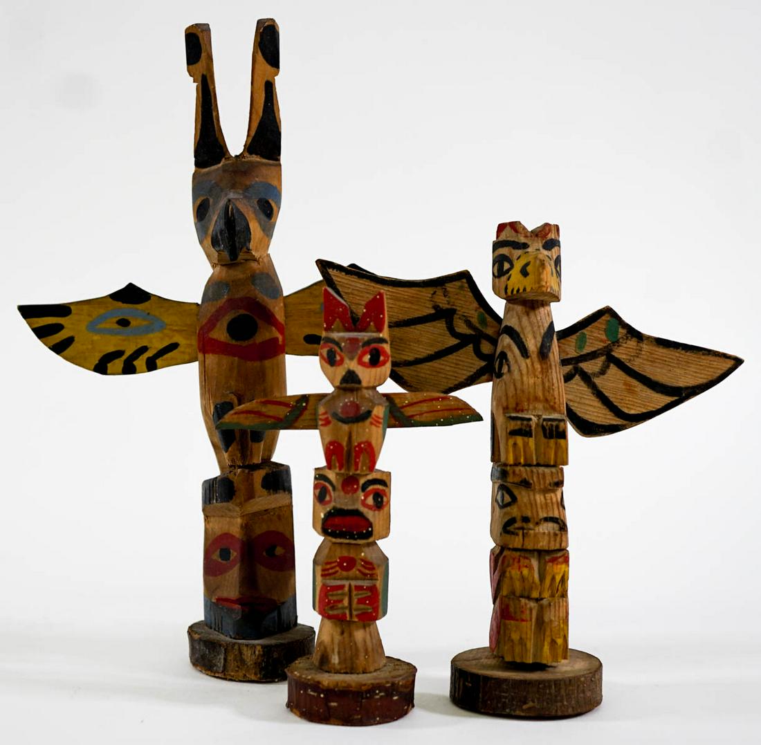 Three Old Northwest Coast Totems: Three old Northwest Coast totems. Largest measures 6.75 inches tall, smallest 4 inches tall. No signed of damage nor repairs. If lot is absent of a condition report one may be requested via email. Con