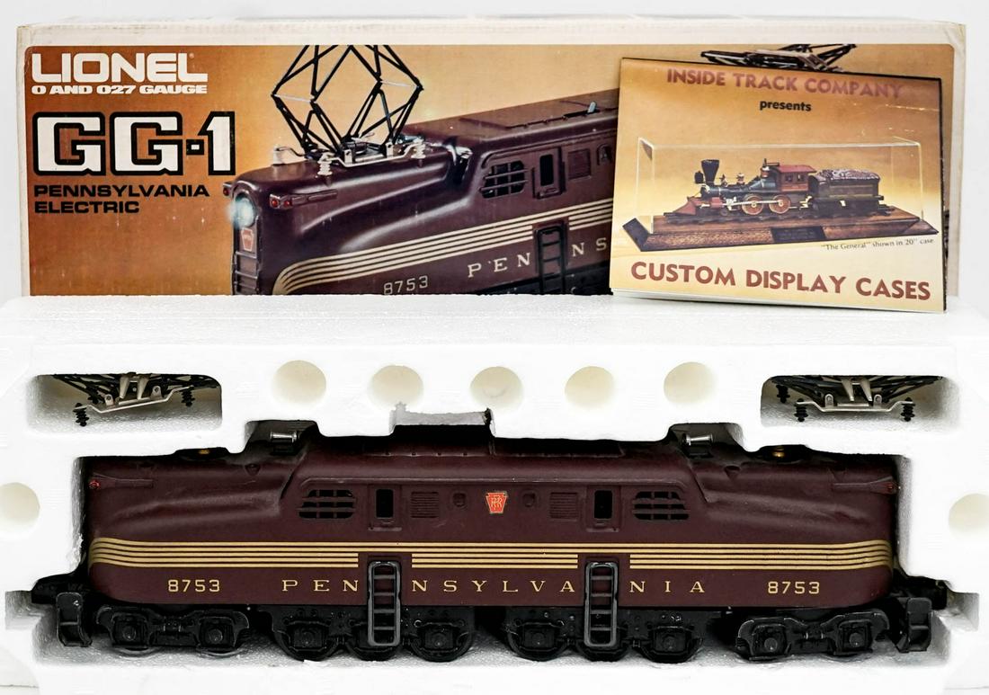Lionel Trains 6-8753 Pennsylvania Electric: Lionel Electric Trains 6-8753 Pennsylvania Electric 0 and 027 gauge with original box. Displayed outside of box. Box measures 16.5 in. x 6.25 in. x 5 in. Weighs 7 lbs. Untested. Provenance: Private es