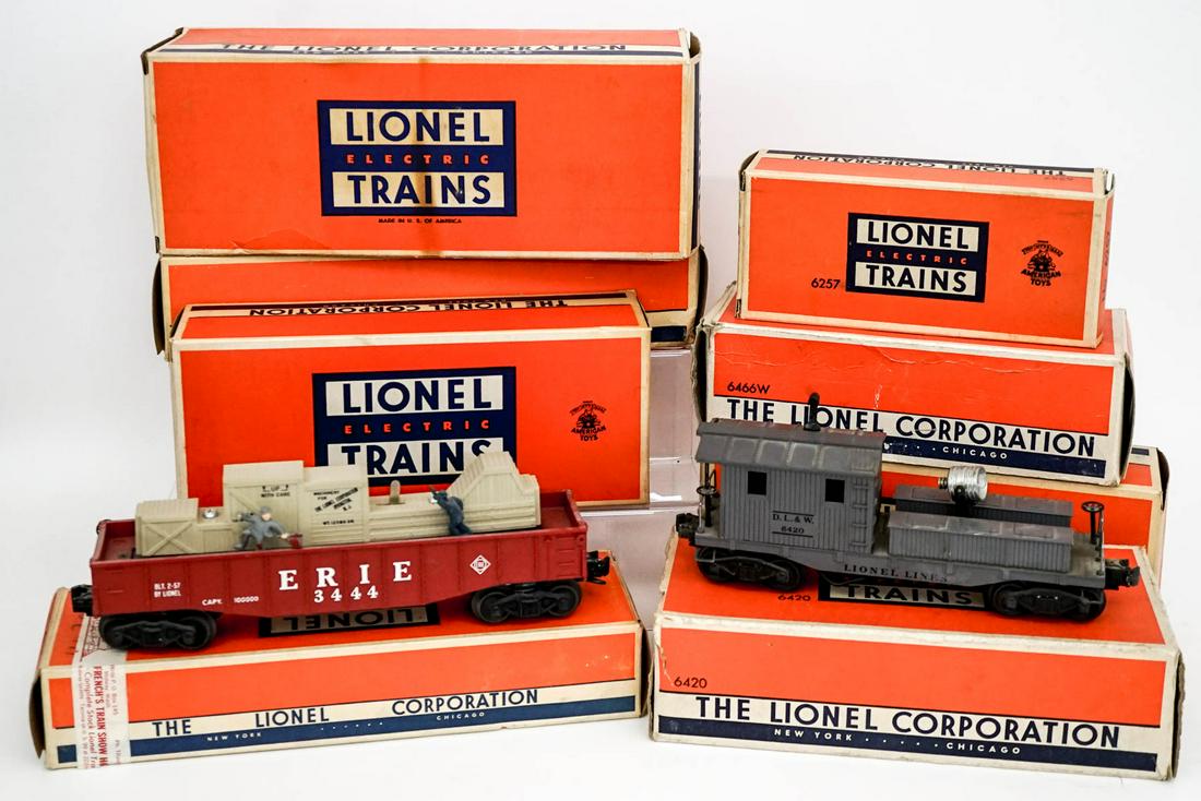 Lionel Trains (8) Rail Cars [6800 w/Plane]: Eight (8) Lionel Electric Train Rain Cars. Includes 6419-100, 3424, 6466 W, 6420, 151, 6257, 3444, and 6800. Measure 8-11 in. long. Weigh. 9 lbs. Untested. Provenance: Private estate collection from t