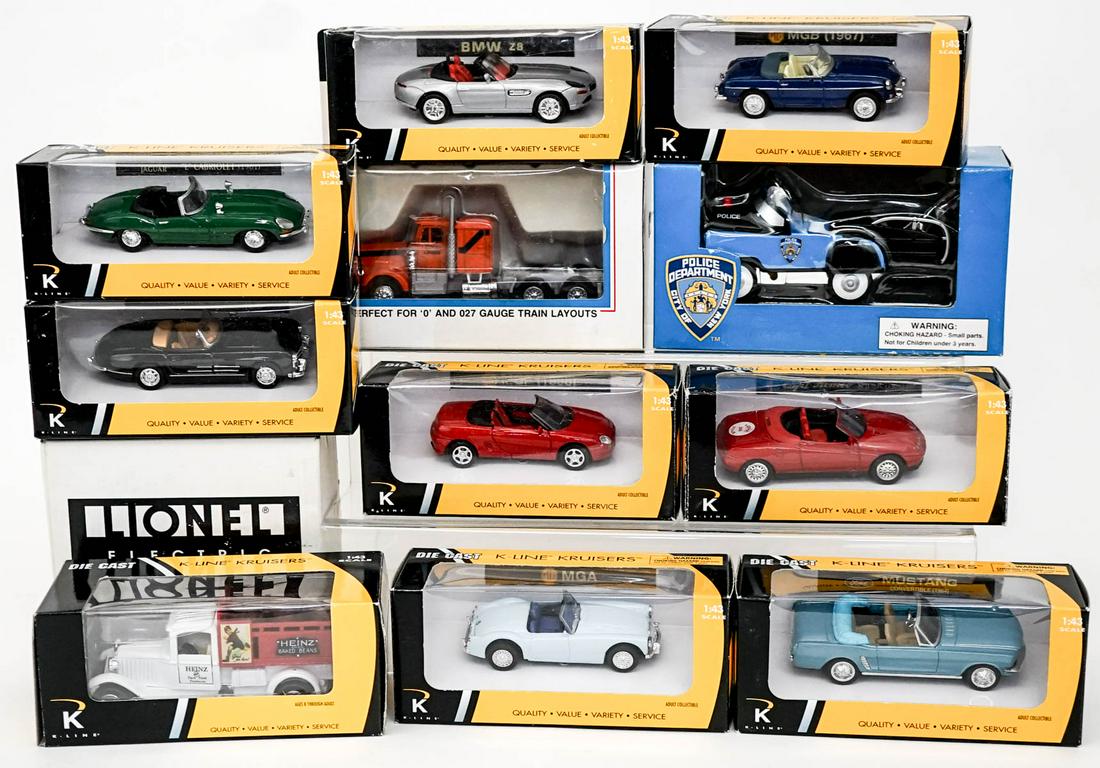 K-Line Kruisers and More (12) Cars Trucks MIB: Lot of twelve (12) Lionel and K-Line die cast cars and trucks. Lot measures 12 in. x 9 in. x 9 in. Weigh 5 lbs. Provenance: Private family estate collection from Manson, Washington. If lot is absent o