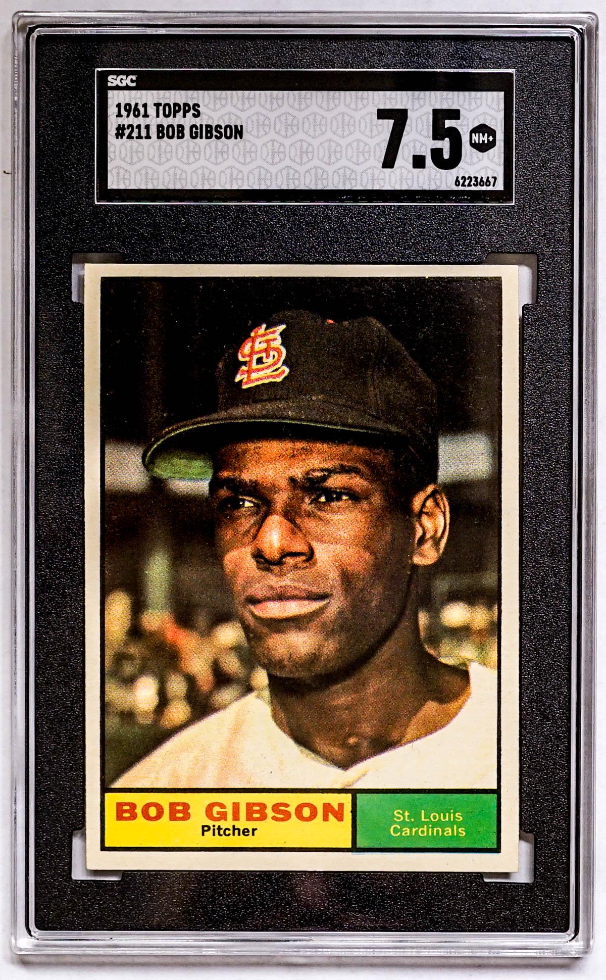 1961 Topps #211 Bob Gibson SGC 7.5 Bright/Centered: 1961 Topps #211 Bob Gibson SGC 7.5 with great color and centering. Our in-house shipping department will gladly pack and ship any item that fits into a 14x14x14 inch or 30x5x24 inch or equivalent or s
