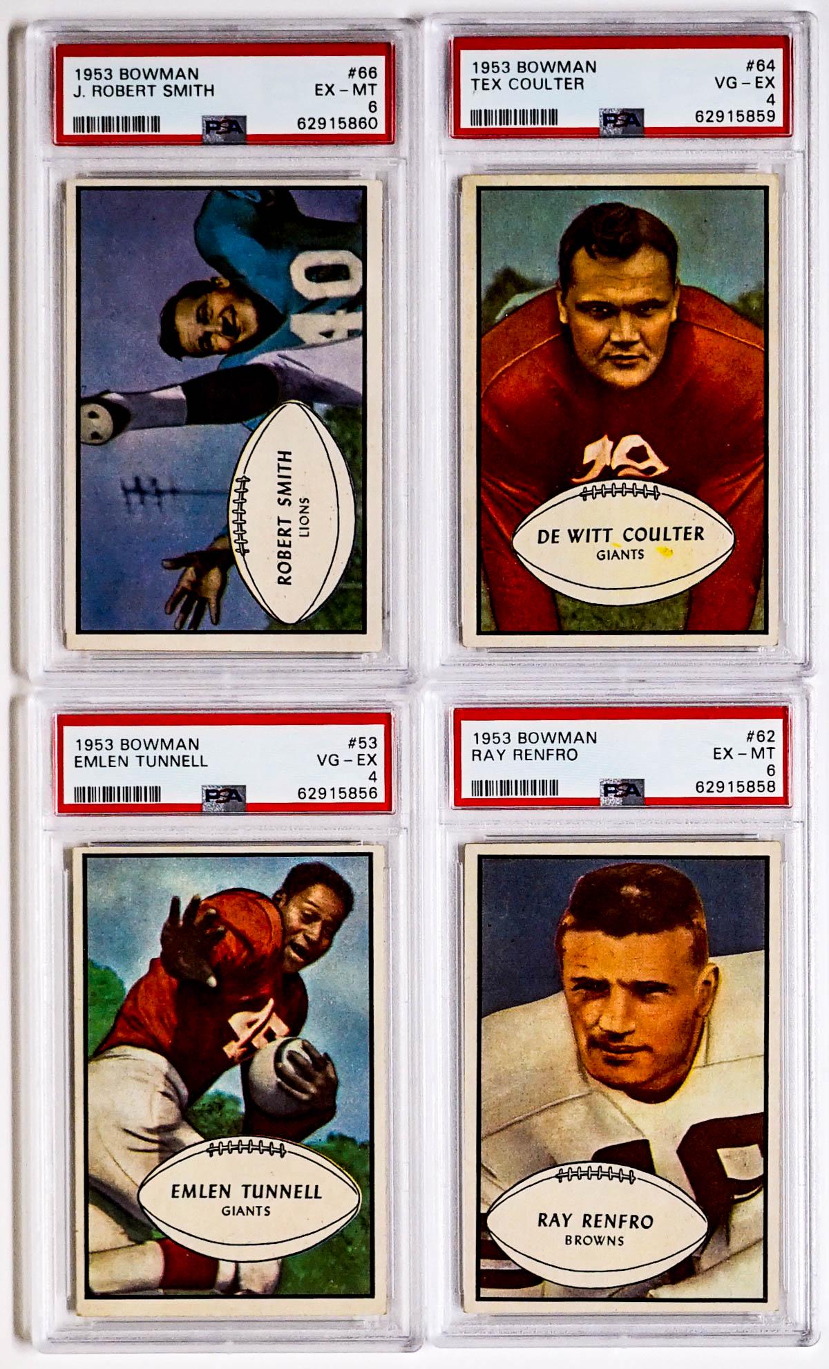 (4) Graded 1953 Bowman Football Cards: (4) Graded 1953 Bowman Football Cards. Includes Emlen Tunnell #53 PSA 4, Ray Renfron #62 PSA 6, Tex Coulter #64 PSA 4 and J. Robert Smith #66 PSA 6. Our in-house shipping department will gladly pack a