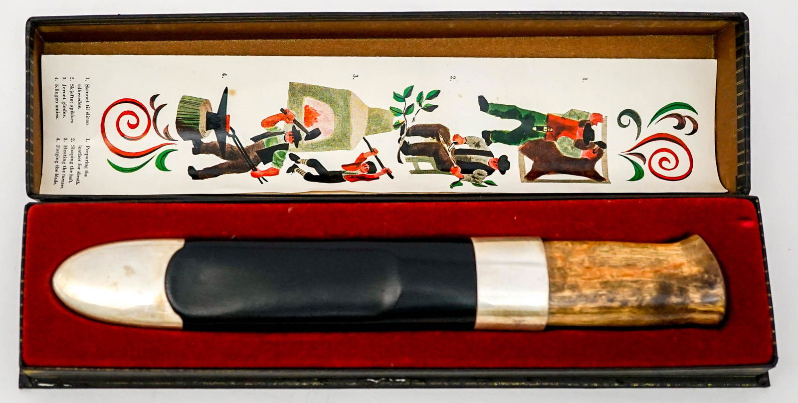 Vintage David Andersen Peer Gynt Kniven MIB: Vintage David Andersen Peer Gynt Kniven (The Viking Knife) with sheath. The sheath is marked sterling. The blade measures 3.875 in. and the total length is 9 in. long. MIB. If lot is absent of a condi