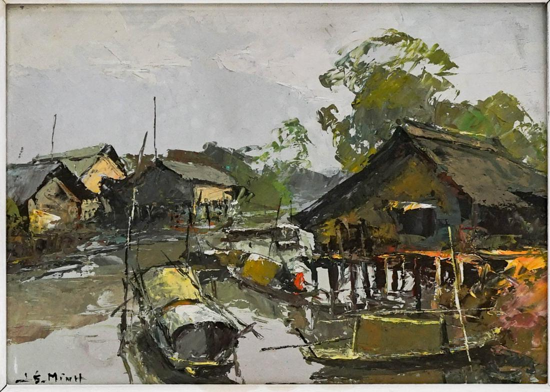 Le Minh (Vietnam, born 1937) Oil on Board: Le Minh (Vietnam, born 1937) signed original oil painting on masonite Measures 9.5 x 13.375 inches (24.5cm x 34.5cm) image size. EX+/NrMt condition. Provenance: Estate of David Milot. David was a Real