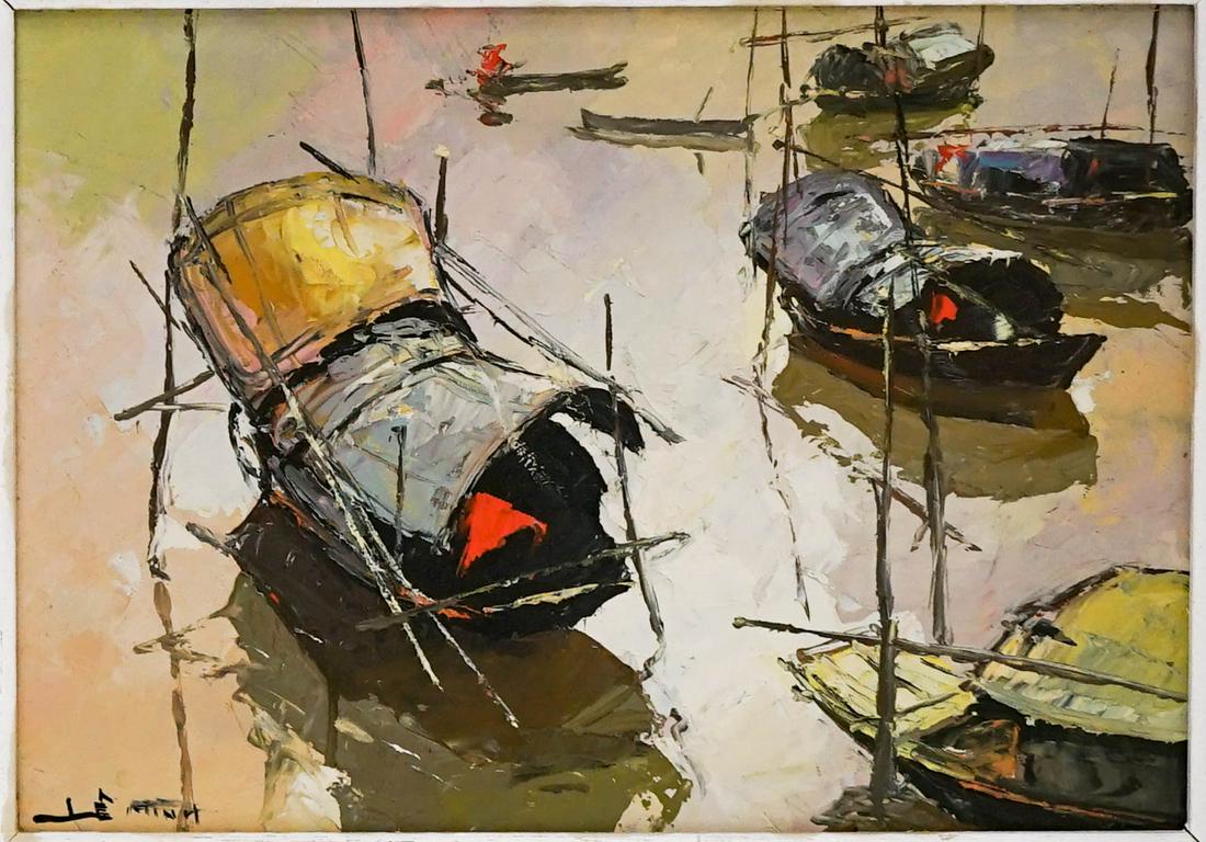 Le Minh (Vietnam, born 1937) Oil on Board: Le Minh (Vietnam, born 1937) signed original oil painting on masonite Measures 9.5 x 13.375 inches (24.5cm x 34.5cm) image size. EX+/NrMt condition. Provenance: Estate of David Milot. David was a Real