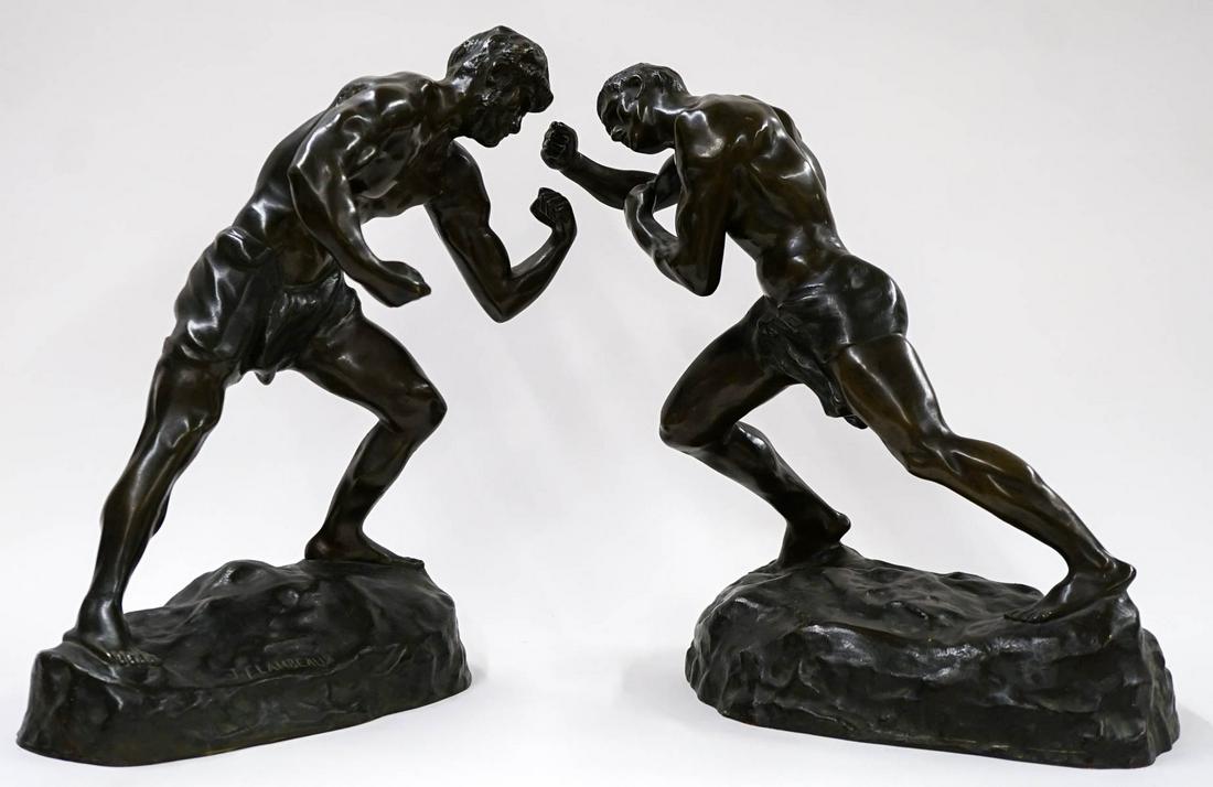Jef Lambeaux (Belgium, 1852-1907) Pair Bronzes: Jef Lambeaux pair of antique bronzes (The Boxers]. They measure 15.75 and 16.25 inches tall. The shorter boxer is in excellent condition, the taller may have a cracked or repaired right ankle. They we