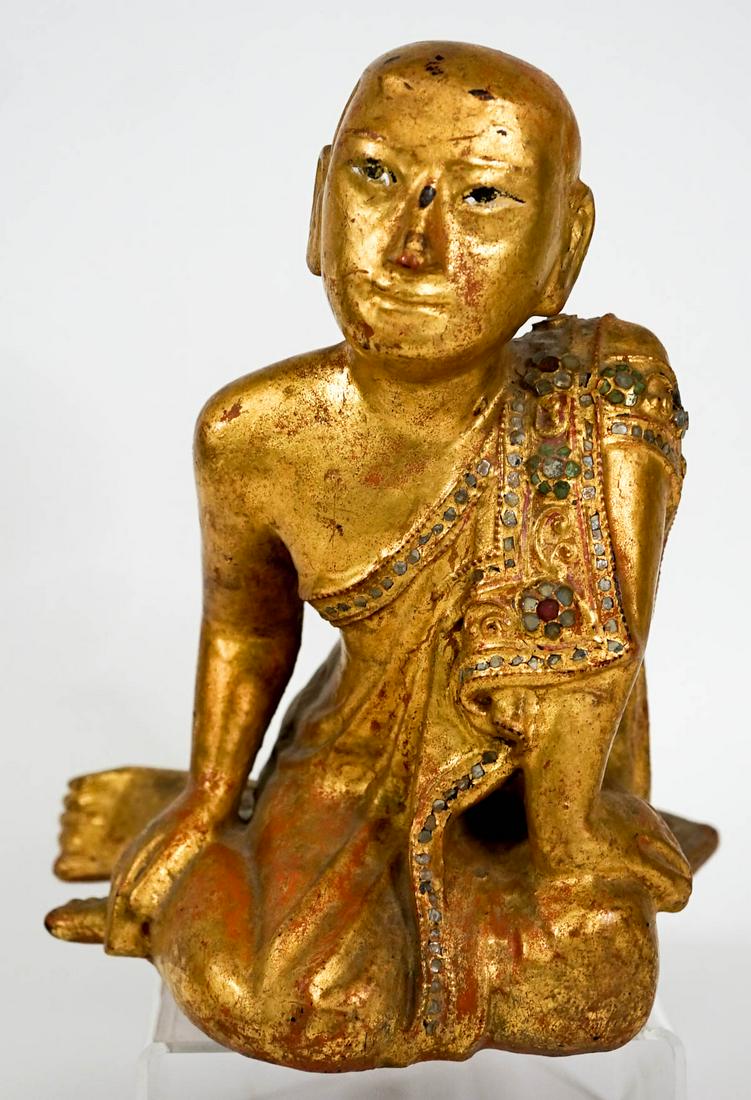 Thailand Carved Wood Monk: Thailand Carved Wood Mask. The base of reverse is cracked. Measures 9.5 x 8.5 x 8.25 inches. Provenance: Estate of David Milot. David was a Real Estate Broker by trade and a passionate, lifelong colle