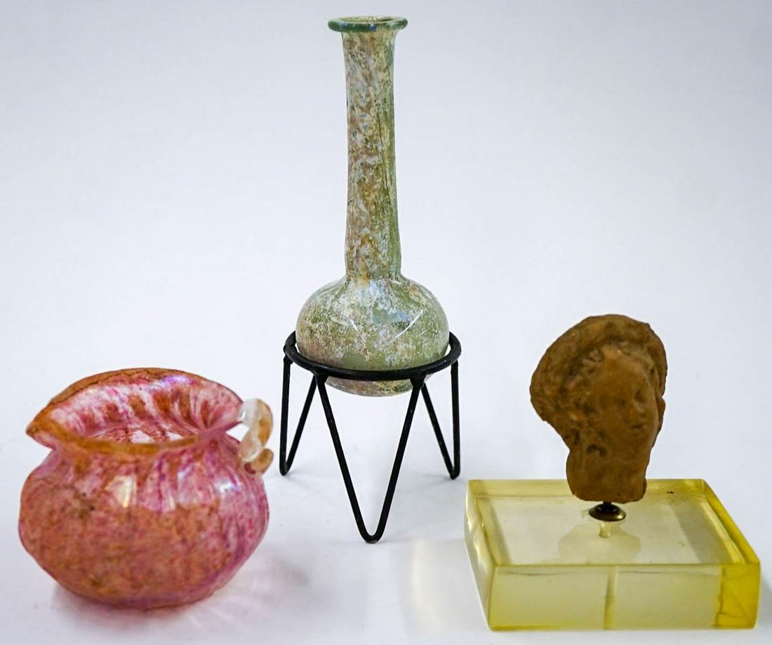 Two Small Roman Glass Pcs, Terracotta Head (1 of 4)