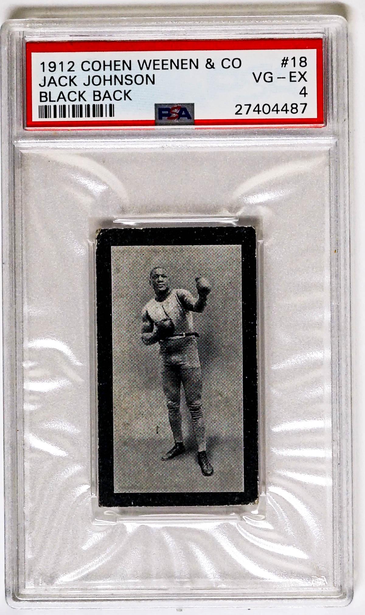 Jack Johnson 1912 CW& Co. (Black Back) PSA 4: Jack Johnson 1912 Cohen Weenes & Co. #18 (Black Back) PSA 4. This lot requires a Wire or Zelle transfer. If lot is absent of a condition report one may be requested via email. Condition report is prov