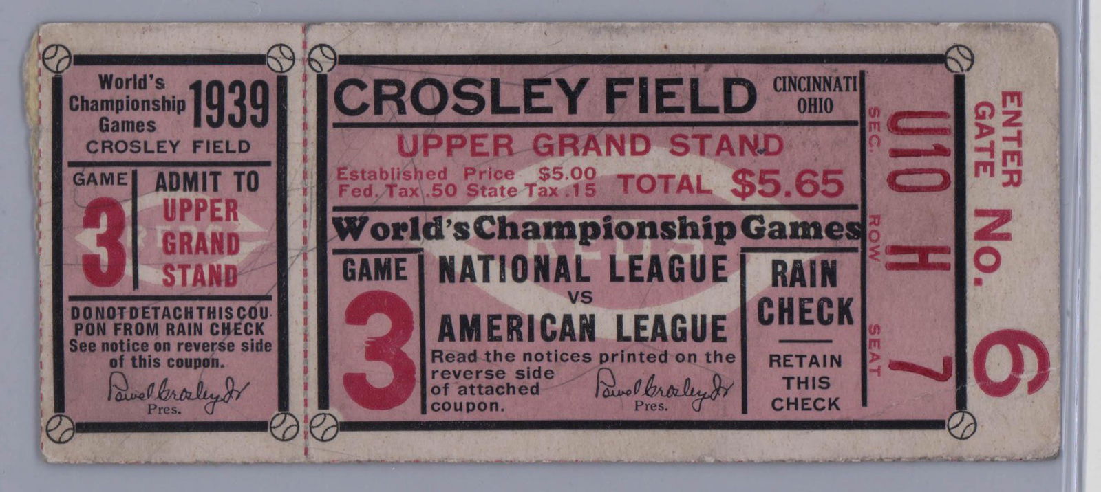 [Yankees, Reds] 1939 World Series Game 3 Ticket (1 of 2)