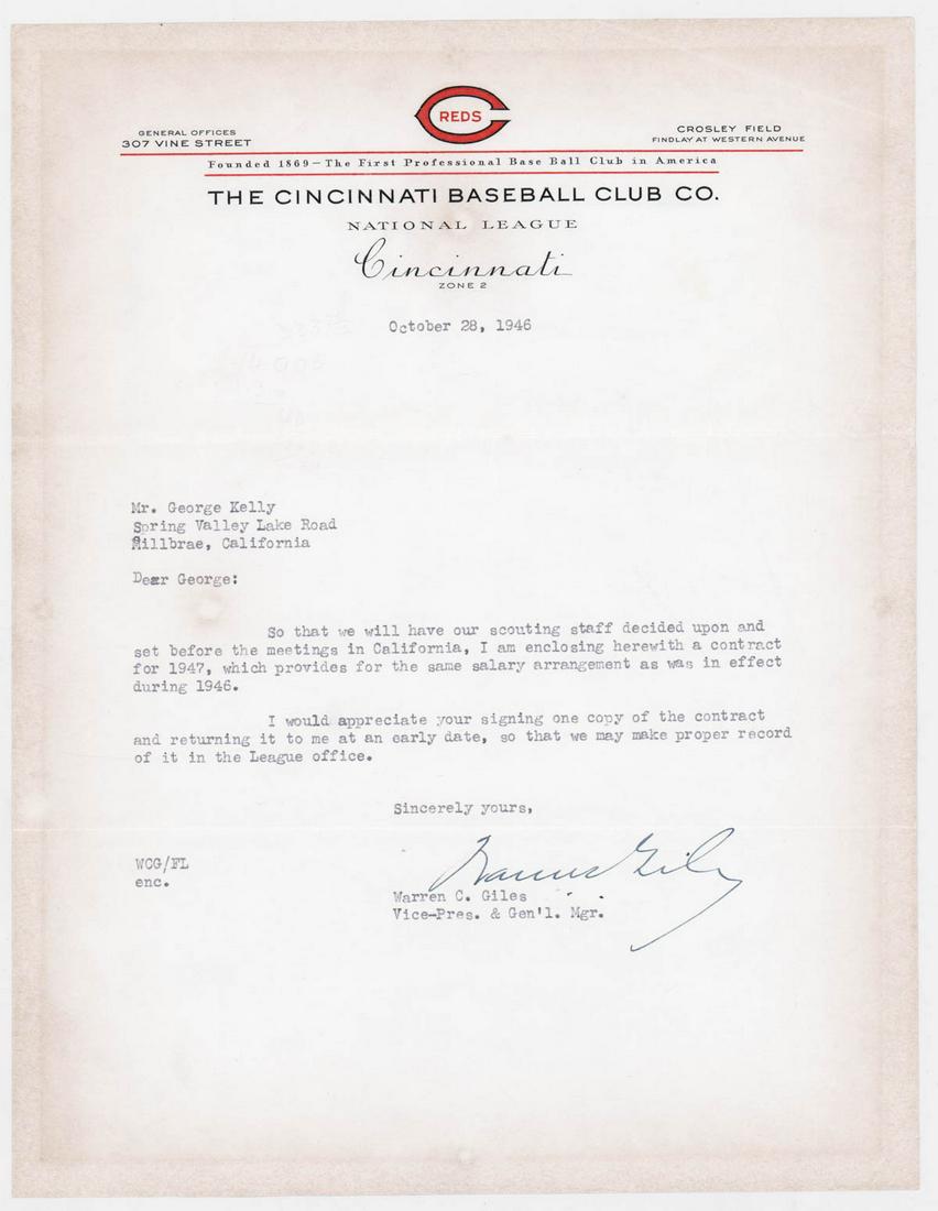 Warren Giles Signed Letter to George Kelly (1946): Warren Giles Signed Letter to George Kelly (1946). If lot is absent of a condition report one may be requested via email. Condition report is provided as an opinion only and is no guarantee as grading