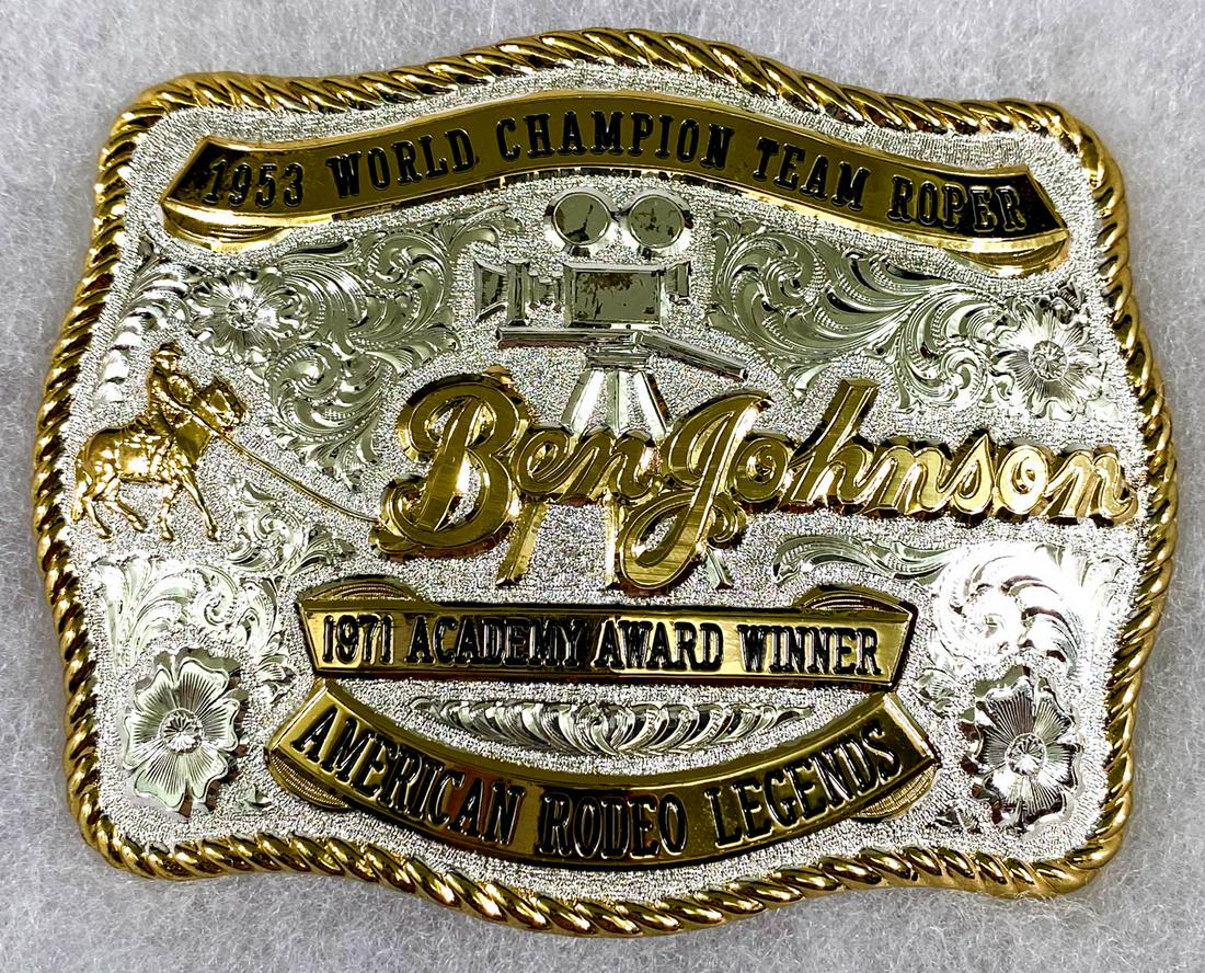 [Gist, Rodeo] Ben Johnson Limited Edition Buckle: [Gist, Rodeo] Ben Johnson Limited Edition Belt Buckle. Measures 3 x 3.75 inches. MINT UNWORN. Number #0034. If lot is absent of a condition report one may be requested via email. Condition report is p
