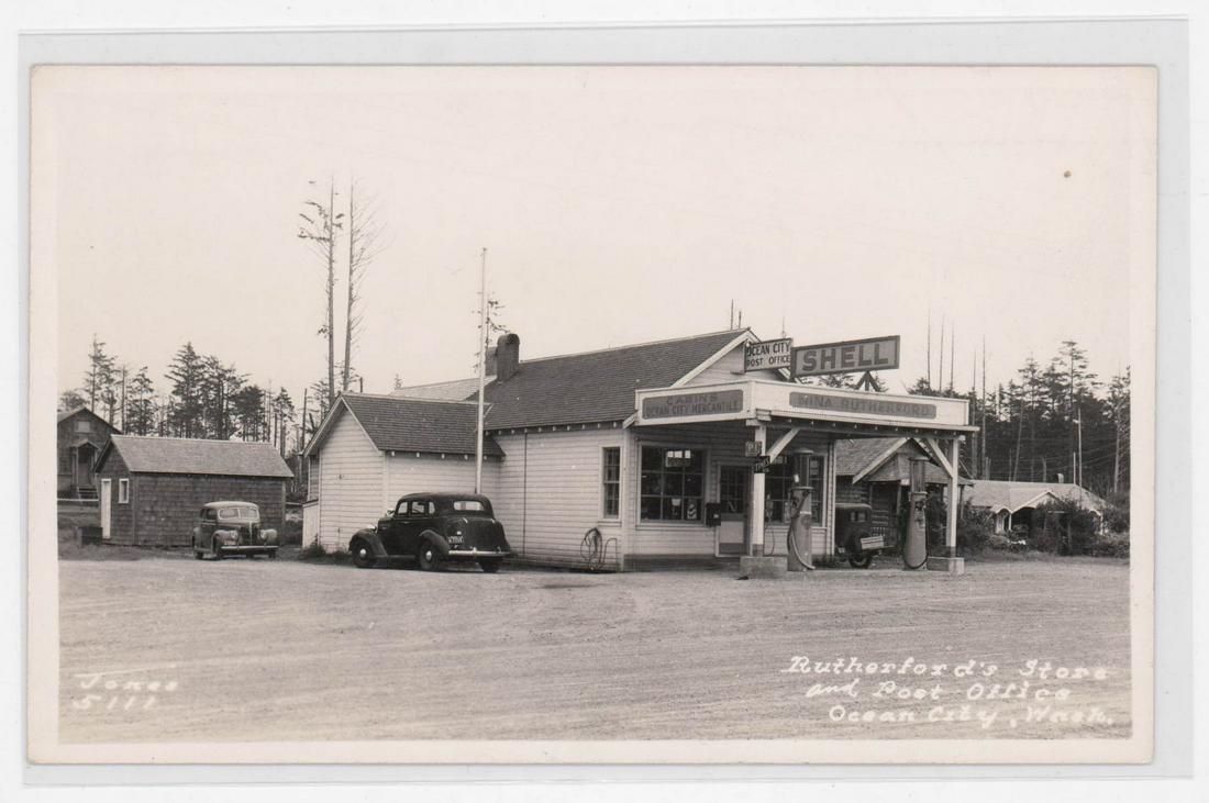 RPPC Rutherford's Store and Post Office Ocean City: [Roadside America, Real Photo Postcard] RPPC Rutherford's Store and Post Office Ocean City, Washington. EX/EX+ condition. Our in-house shipping department will gladly pack and ship any item that fits 
