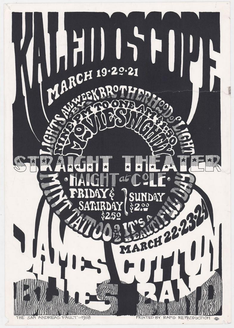 Kaleidoscope / James Cotton Blues Band 1968: James Cotton Blues Band, Mint Tattoo, It's A Beautiful Day. March 19-21 1968 concert poster. Measures 20.125 in. x 14.125 in. Provenance: Private West Coast collection. Consignor worked in the music b
