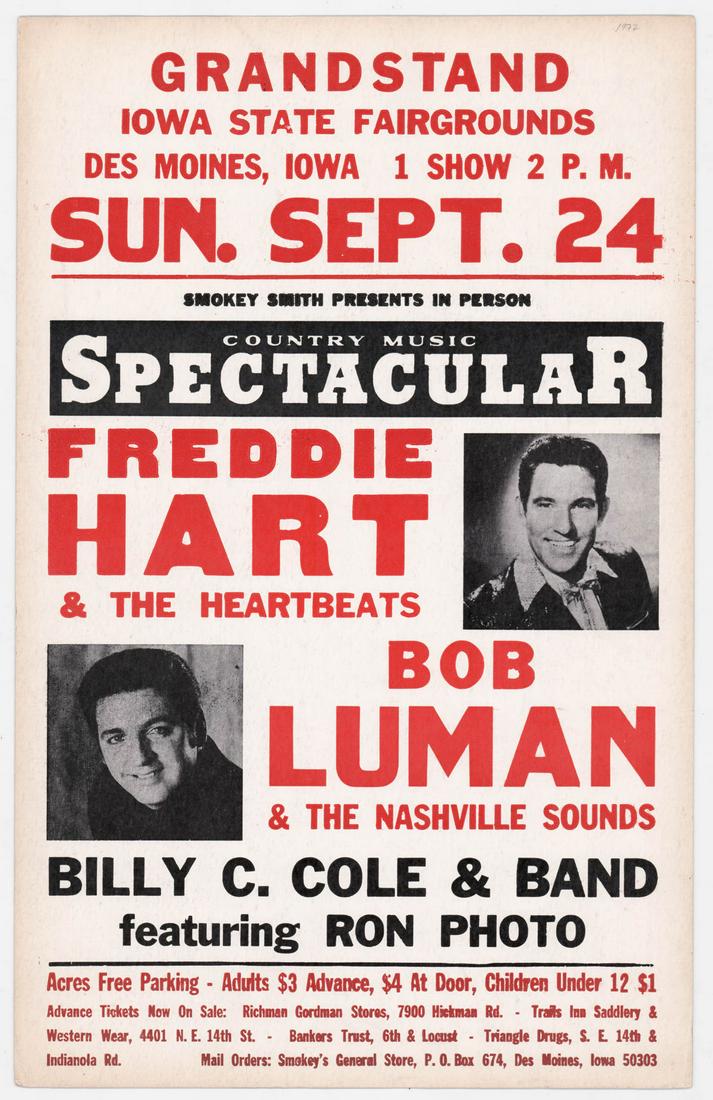 Freddie Hart, Bob Luman 1967 Concert Poster: Freddie Hart and the Heartbeats, Bob Luman and the Nashville Sounds 1967 Iowa Concert Poster. Cardstock. Measures approximately 22 in. x 14 in. Provenance: Private West Coast collection. Consignor wor