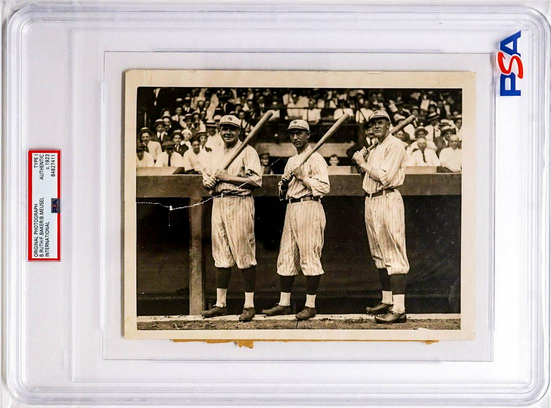 1921 Ruth/Baker/Meusel Type I Original Photograph: Dated 1921 Babe Ruth, Frank Baker and Bob Meusel Type I Original Photograph. Measures 6.5 x 8.5 inches. Encapsulated, measures 13.25 x 10 inches. Fair condition with taped tears. This photo appears to