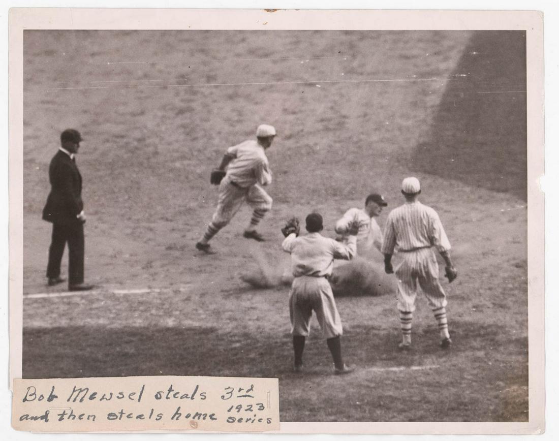 Bob Meusel Steals Home Wire Photo: Bob Meusel Steals Home Wire Photo. Meusel holds the record for stealing home in two separate World Series, and it's recorded as 1921 and 1928. The string-tied family note lists 1923. Measures 8 x 10 i