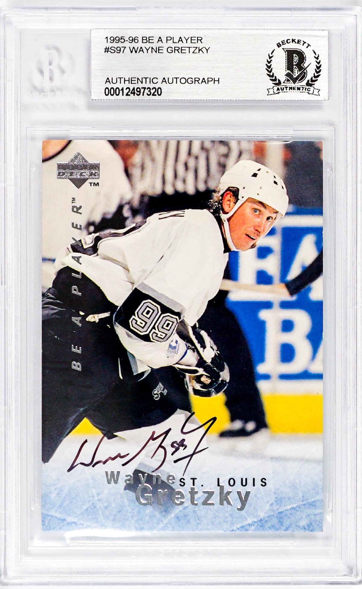Wayne Gretzky 1995-96 Be A Player Signed Card: Wayne Gretzky 1995-96 Be A Player #S97 signed hockey card. Card appears to be in NM-MT/MT condition or better. Autograph appears to be Mint/Gem Mint condition. Card was placed in a penny sleeve and to