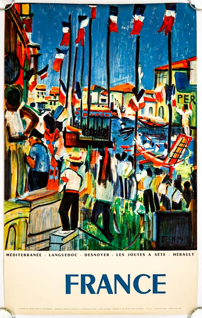 Francois Desnoyer France Travel Poster: Francois Desnoyer France Travel Poster. Measures 39 x 24.125 inches (99.5 cm x 61.5 cm). Small amount of archival tape at top left corner verso, overall VG-EX/EX condition. Unframed, loose and not glu