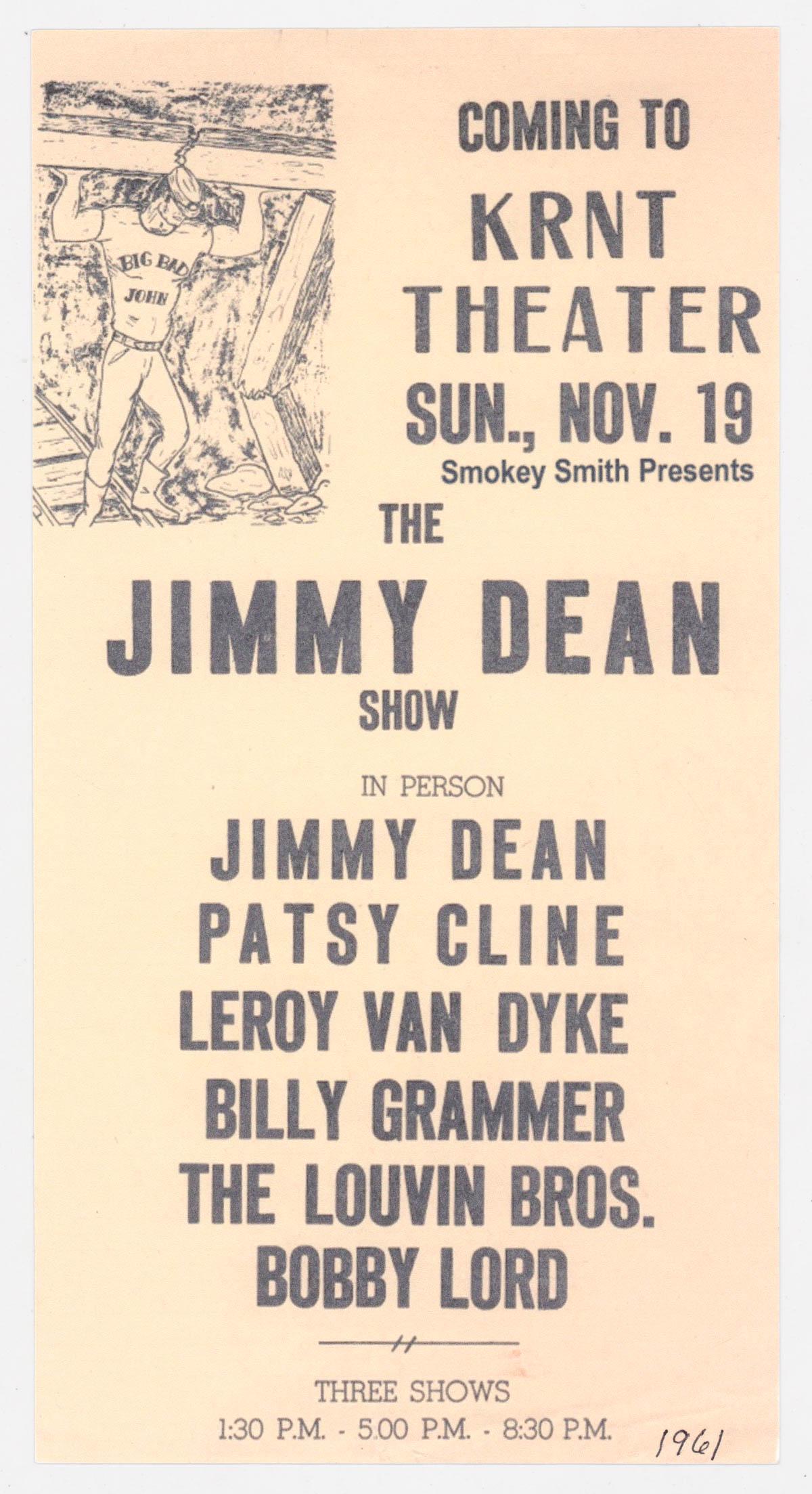 Jimmy Dean / Patsy Cline 1960 Concert Flyer (1 of 2)