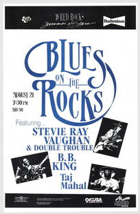 Stevie Ray Vaughn B.B. King Blues Rock Poster: Stevie Ray Vaughn, B.B. King 'Blues of the Rocks' poster. Cardstock. Measures 17 in. x 11 in. Provenance: Private West Coast collection. Consignor worked in the music business and has spent multiple d