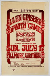 1966 Allen Ginsberg Sopwith Camel Fillmore Flyer: 1966 Allen Ginsberg reading; Sopwith Camel concert at the Fillmore Auditorium handbill. Measures 8.5 in. x 5.5 in. Provenance: Private West Coast collection. Consignor worked in the music business and