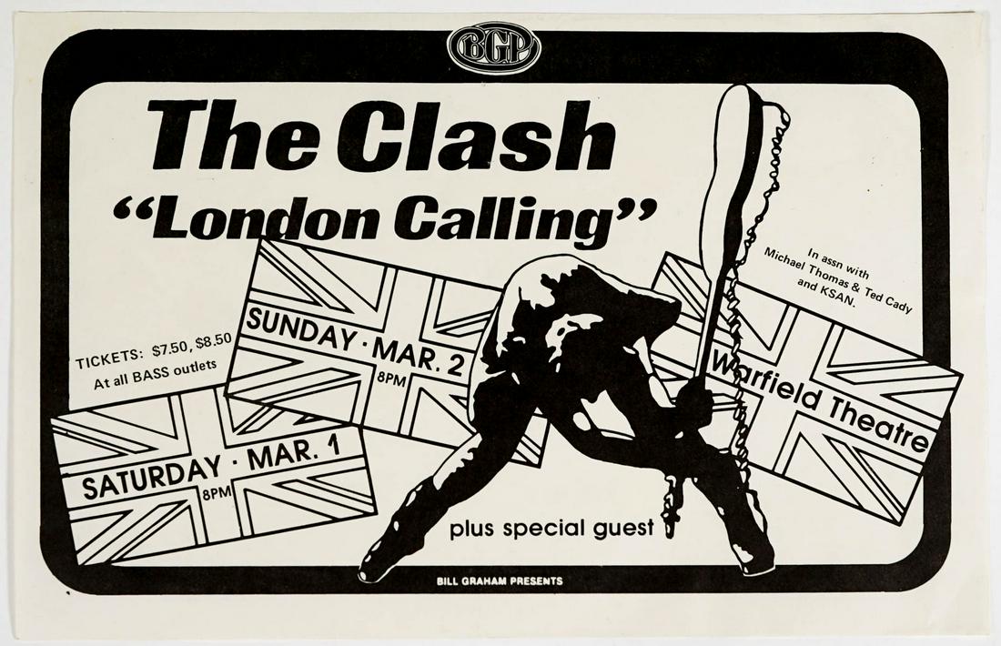 The Clash 'London Calling' Bill Graham Handbill: The Clash 'London Calling' handbill. Measures 8.5 in. x 5.5 in. Provenance: Private West Coast collection. Consignor worked in the music business and has spent multiple decades scouring the globe for 