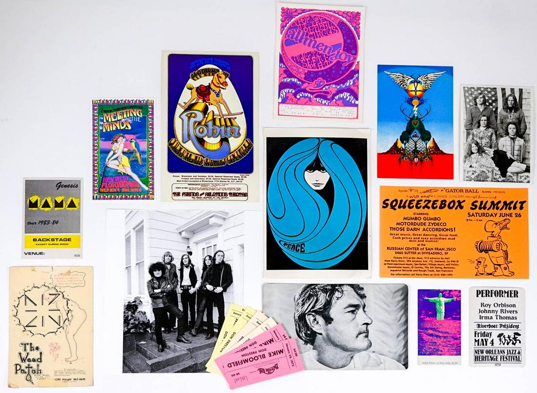 Vintage (19) Rock and Related Handbills and More: Nineteen(19) vintage concert / artist related / actor postcards, handbills, stage passes, ticket stubs and more. Artists include: Big Brother (Janis Joplin), Allmen Joy, Roy Orbison, Genesis, Quicksil