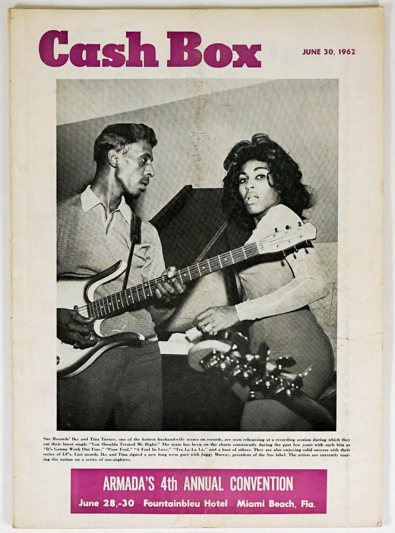 Ike and Tina Turner Cash Box Magazine 1962: Ike and Tina Turner June 30, 1962 magazine. Measures 14 in. x 10 in. 95 pp. If lot is absent of a condition report one may be requested via email. Condition report is provided as an opinion only and i