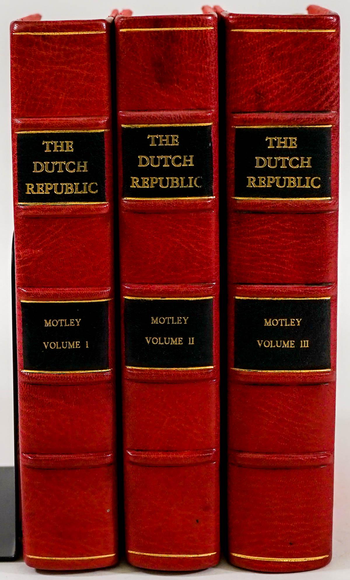 Rise of the Dutch Republic by Motley: Three (3) volume set of The Rise of the Dutch Republic by John Lothrop Motley. 19th century. Harper and Brothers. 579 pp. +682 pp.+ 664 pp. Rebound. Owner name ff. Measures 9 in. x 6 in. x 9.25 in. Pr