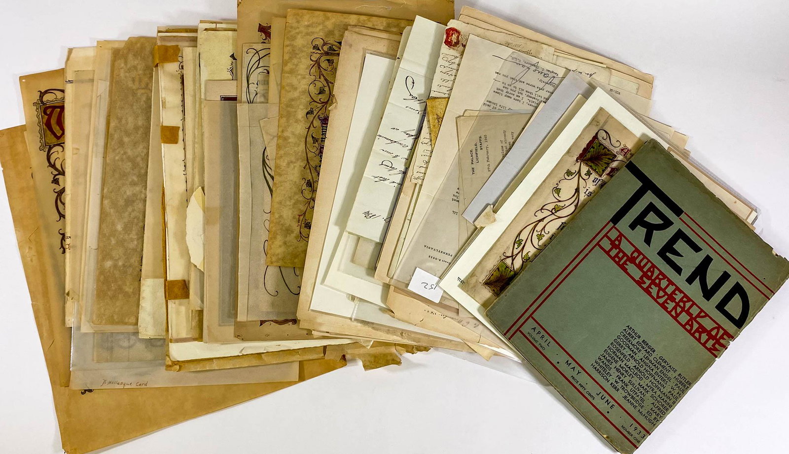 Collection of Antique Letters and More: Large collection of antique various topic letters and more. Charles Symmons; August Derleth; Francis Carruthers Gould; and others. 1933 Trend Quarterly with tipped-in prints, and more. Lot measures 15