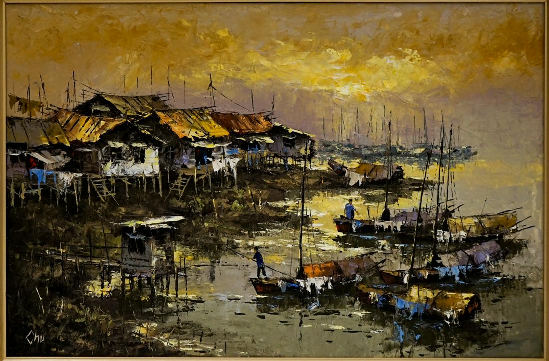 Large Asian Harbor Scene Oil Painting Signed Chu (1 of 4)