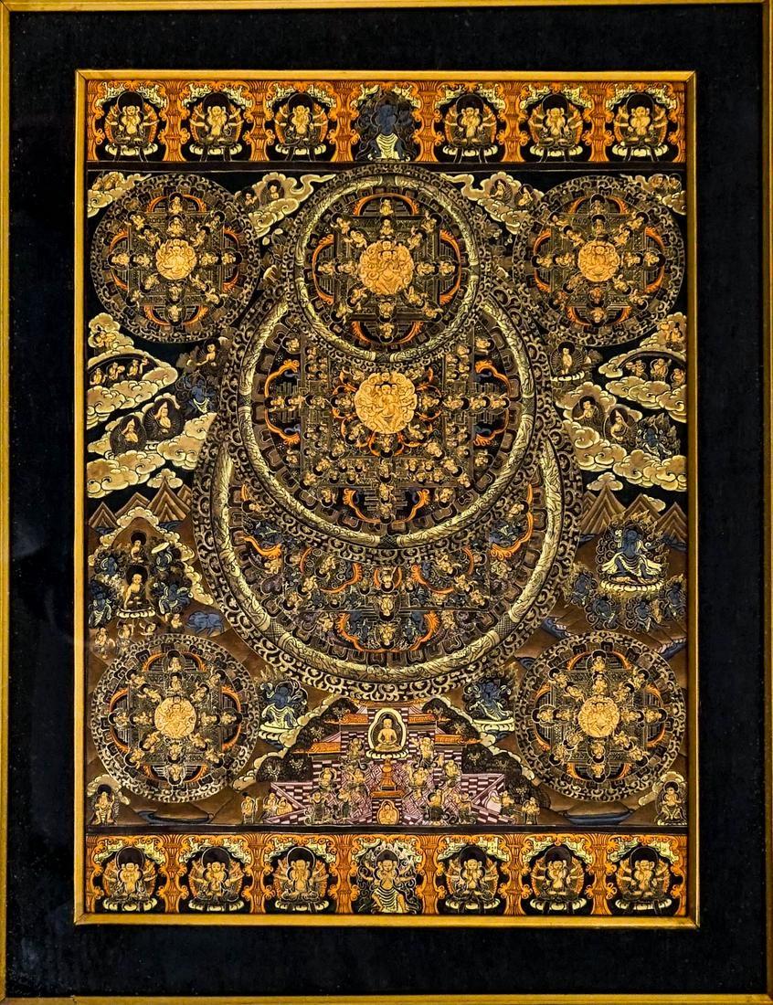 A Tibetan Thangka: A Tibetan Thangka. Purchased 1990 in India. Measures 16 inches x 11.5 inches sight size and 24 x 19 inches framed. Appears to be in excellent condition, not inspected out of the framing. If lot is abs
