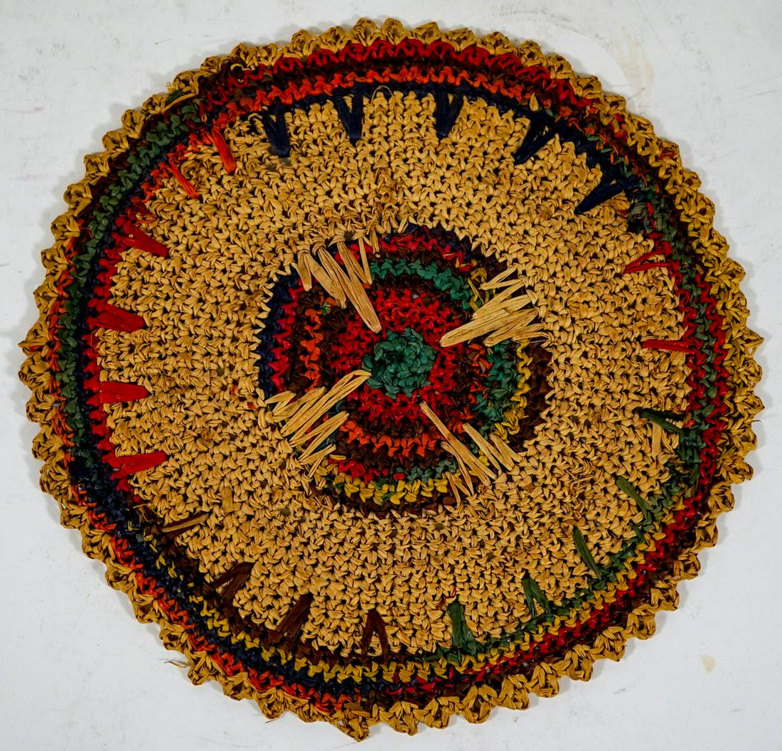 Native American 7.5 INCH Round Mat / Doilie: Native American 7.5 inch mat / Doilie. Very fine weaving of bear-grass. Vibrant color. If lot is absent of a condition report one may be requested via email. Condition report is provided as an opinion