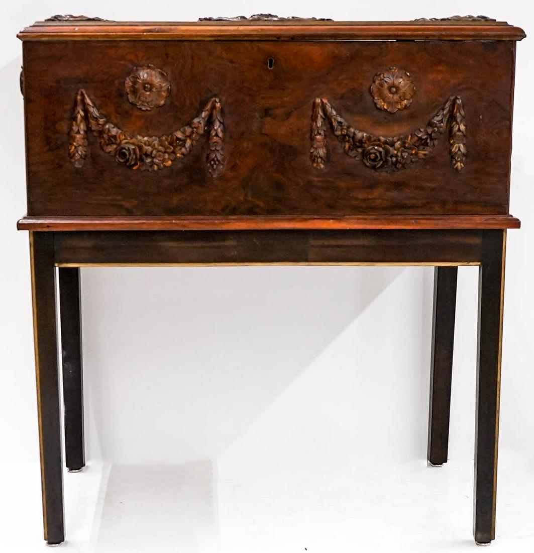 C.1900 Swedish Palisander Wood Box on Stand: C.1900 Swedish Palisander Wood Box on Stand. Measures 28 x 17.5 x 31 inches. Hinges are replaced, tray may be a replacement, legs may not be original. Purchased march 1, 2006 from Eron Johnson Antique