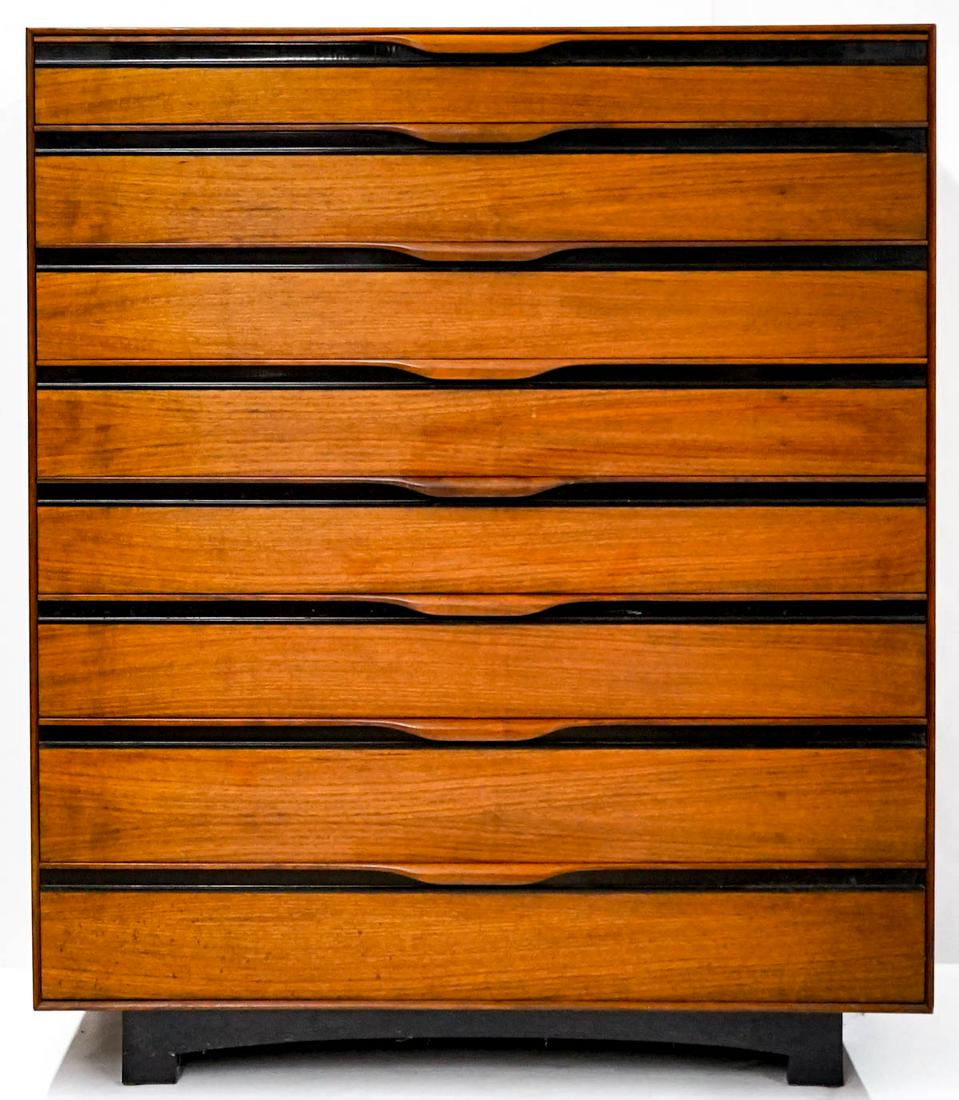 John Kapel Highboy for Glenn of California: John Kapel 8 Drawer Highboy for Glenn of California. Measures 50 x 42 x 20 inches. There are 2 bumps and this chest needs cleaning. Provenance: Estate of David Milot. David was a Real Estate Broker by