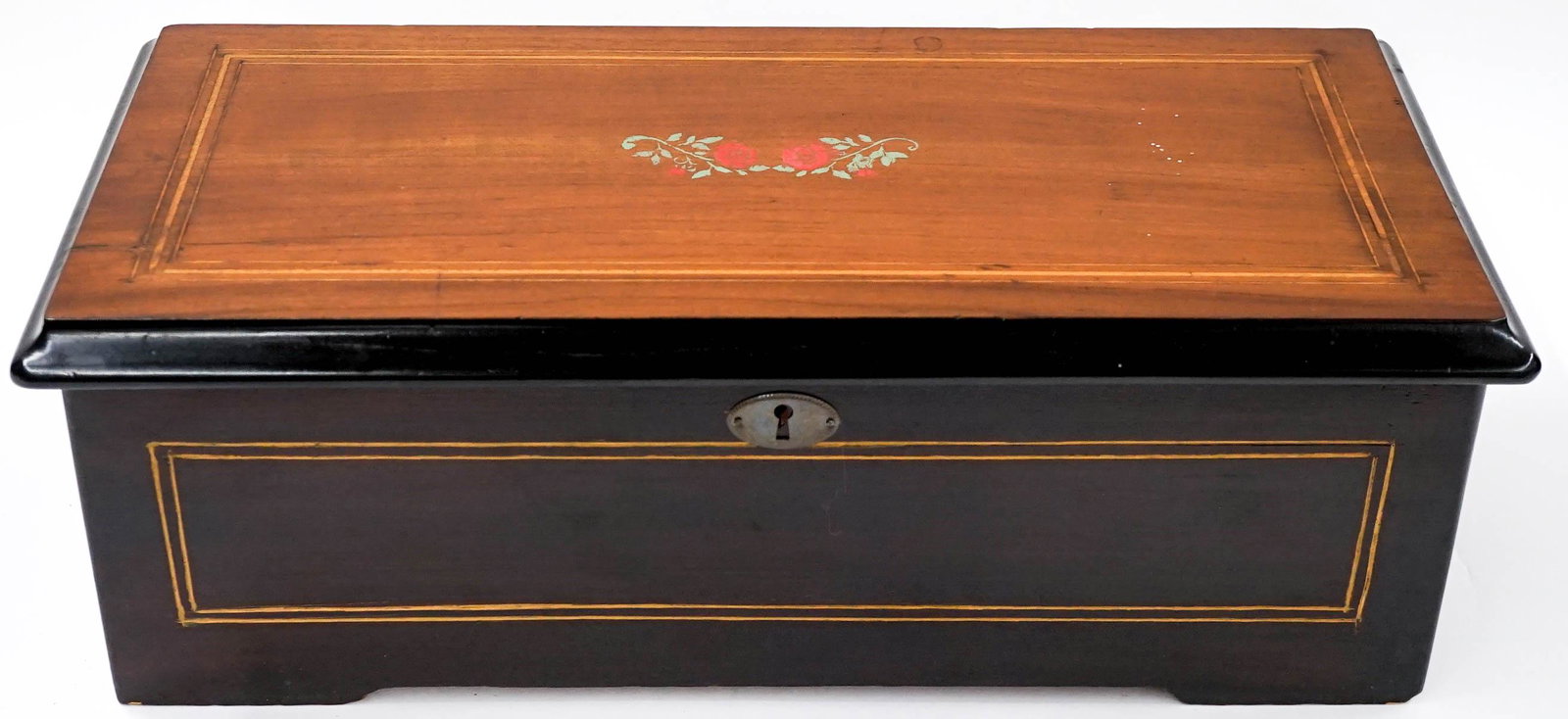 Mermod Swiss Music Box: Mermod Swiss Music Box. Measures 6.75 x 19.75 x 9.25 inches. In working order. Weighs approximately 25 pounds. If lot is absent of a condition report one may be requested via email. Condition report i
