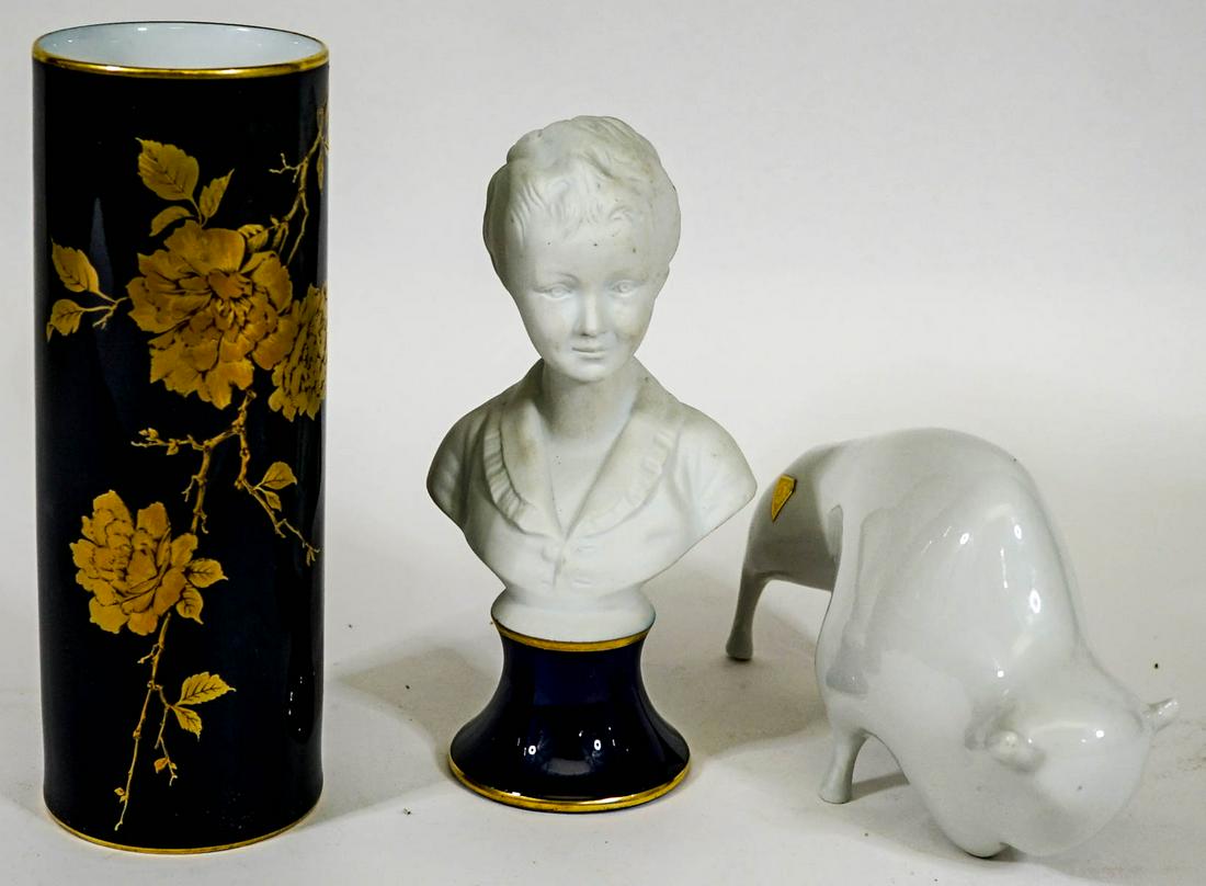 Limoges, Royal Dux & Kaiser: Limoges bust (7.5 inches), Royal Dux Bull (4.25 x 7.75 inches) & Kaiser cylinder vase (8.25 inches). No damage or repairs. If lot is absent of a condition report one may be requested via email. Condit