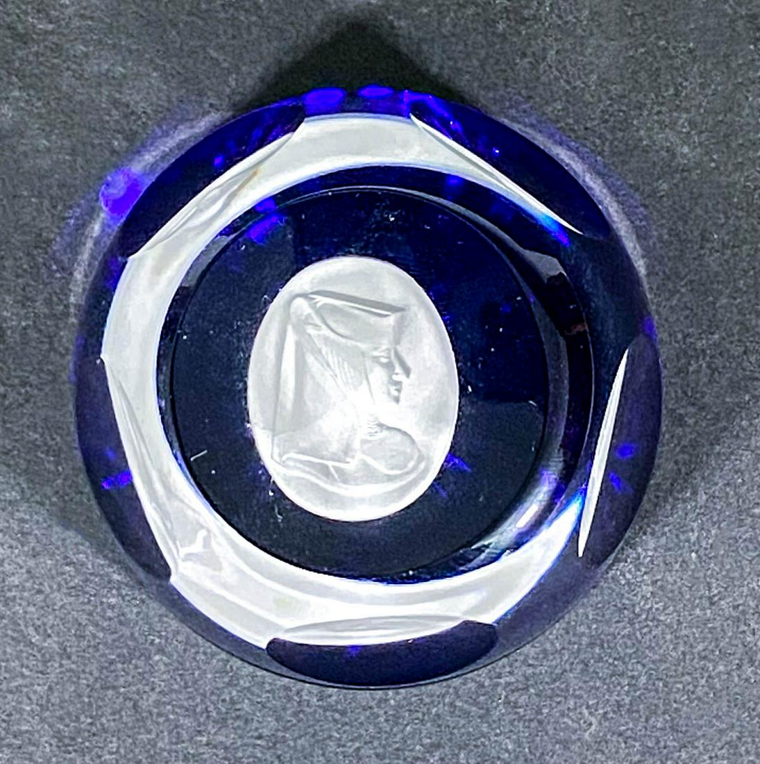 Sister Berta Hummel Visage Paperweight: Sister Berta Hummel Visage paperweight with cobalt blue base. Measures 2 in. high x 2.75 in. diameter. If lot is absent of a condition report one may be requested via email. Condition report is provid