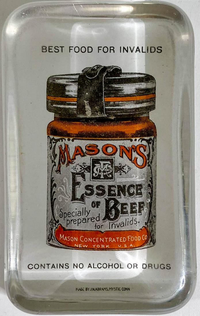 Mason's Essence of Beef Advertising Paperweight: Mason's Essence of Beef Antique Advertising Glass Paperweight by J.N. Abrams Paperweight Co. Mystic, Connecticut. Measures 1 x 4 x 2.5 inches. Excellent condition. Provenance: Private collection Washi