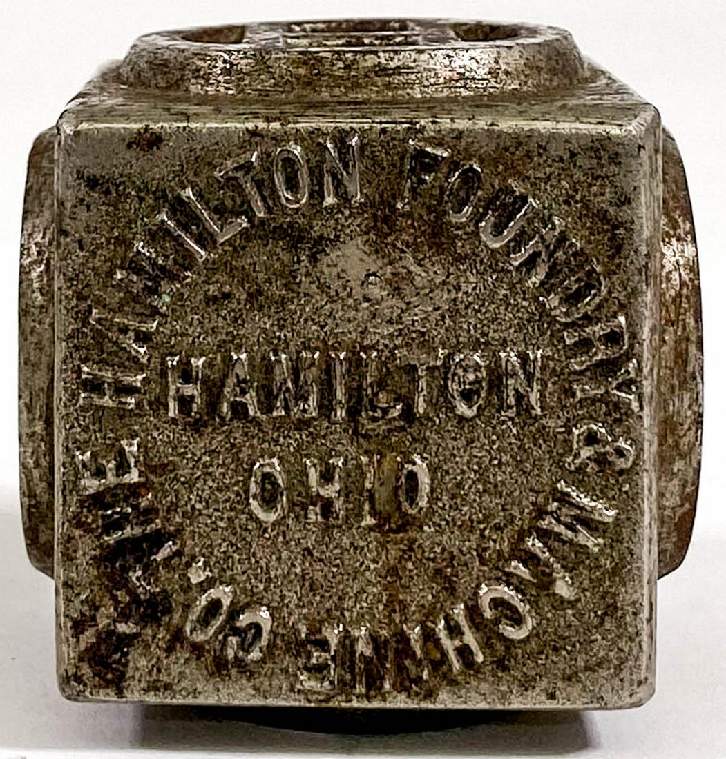 Hamilton Foundry Cast Iron Rattle Paperweight: Hamilton Foundry Cast Iron Rattle Paperweight. Measures 1.75 x 1.75 x 1.75 inches. Fair to good condition with rust. Provenance: Private collection Washington state. If lot is absent of a condition re