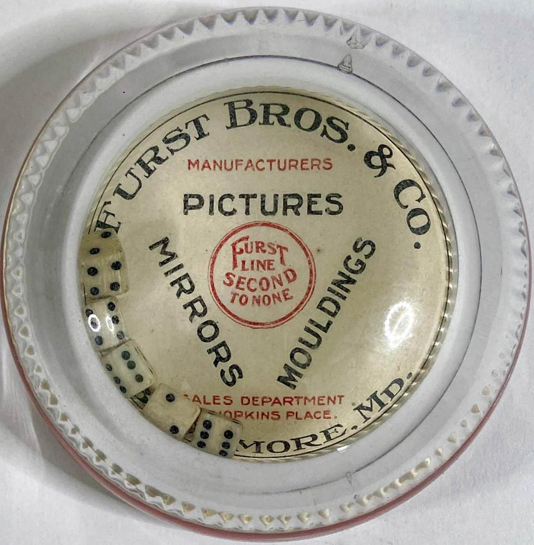 Furst Bros. Mfg. [Baltimore] Paperweight: [Pictures, Frames, Mirrors, Moldings] Furst Bros. Manufacturing (Baltimore, Maryland) Antique Glass Advertising Paperweight with playable dice. Measures 1.375 x 3 inches. Very good to excellent condit