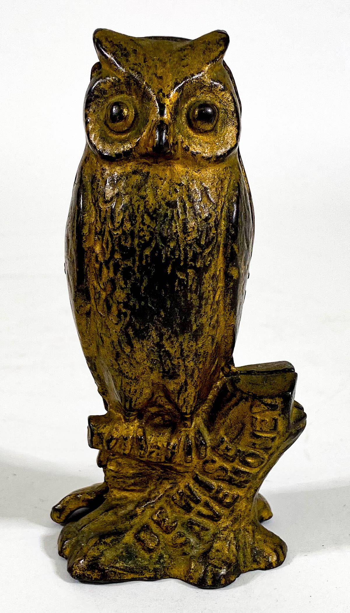 A.C. Williams Be Wise Save Money Iron Bank [Owl]: A.C. Williams Be Wise Save Money Figural Cast Iron Bank [Owl]. Measures 5 x 2.5 x 1.75 inches. Provenance: Private collection Washington state. Excellent condition. If lot is absent of a condition rep