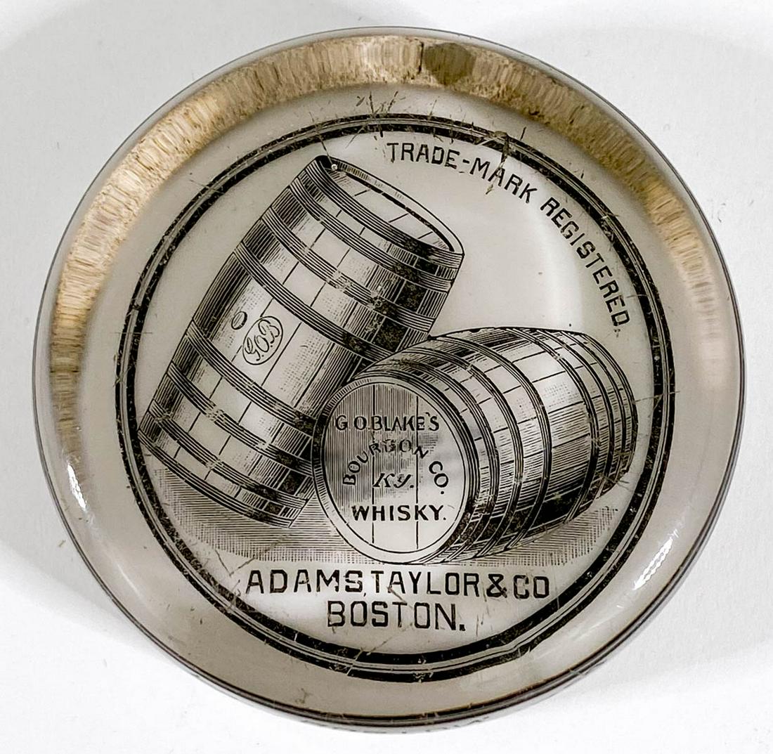 [Whiskey, Distillery, Liquor] G.O. Blake's Whisky: [Whiskey, Distillery, Liquor] G.O. Blake's Whisky, Boston, Massachusetts Antique Advertising Glass Paperweight by Barnes and Abrams, Syracuse, New York. Measures 1 x 3 inches. Very good condition with