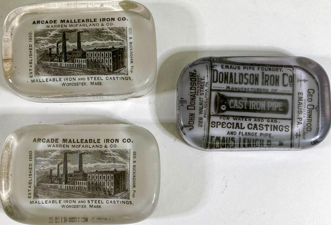 [Iron, Foundry] Advertising Glass Paperweights (3) (1 of 4)