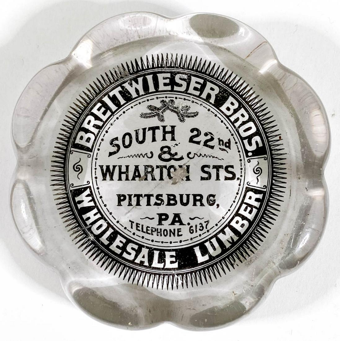 Breitwieser Bros. Lumber Pittsburgh, Pennsylvania: Breitwieser Bros. Lumber (Pittsburgh, Pennsylvania) Antique Advertising Glass Paperweight. Measures .75 x 3.25 inches. Fair to good condition with some image losses. Provenance: Private collection Was